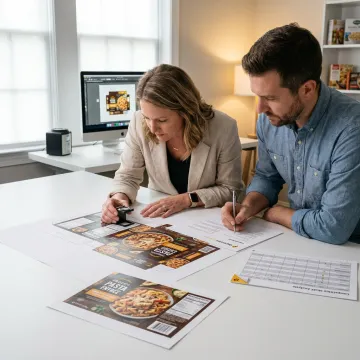 Designer reviewing frozen food packaging artwork