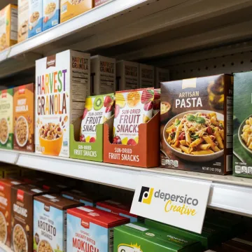 Branded cardboard display cartons on retail shelves