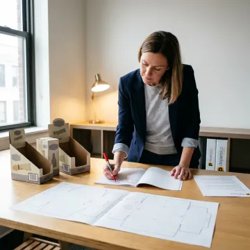 Designer reviewing cardboard display carton mockups