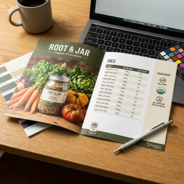 Open organic food brochure with SKU details