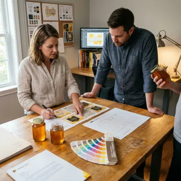 Designer reviewing honey jar label concepts