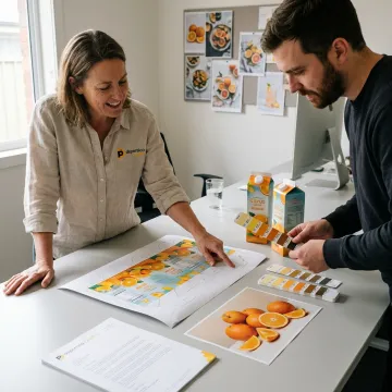Designer reviewing juice carton packaging concepts
