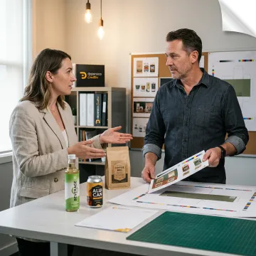 Design team reviewing coffee packaging concepts