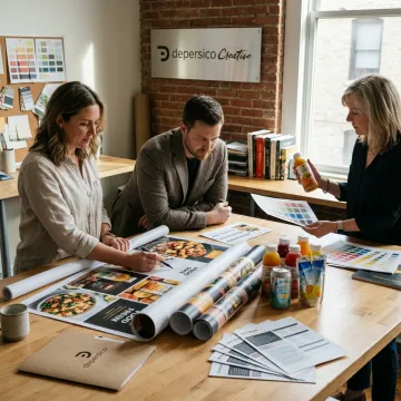 Designer reviewing food brand trade show banner concepts