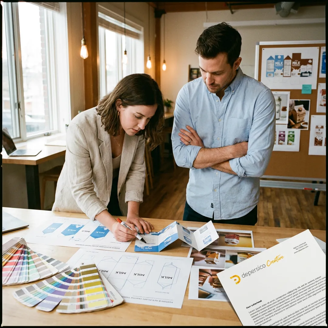 Designer reviewing milk carton packaging concepts