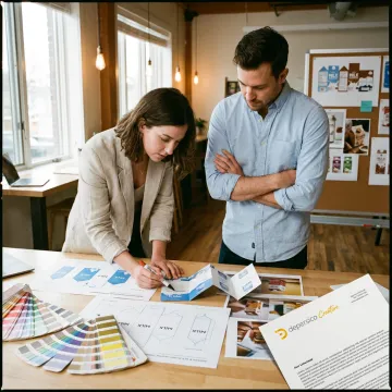 Designer reviewing milk carton packaging concepts
