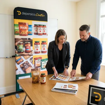Designer reviewing food brand trade show booth graphics