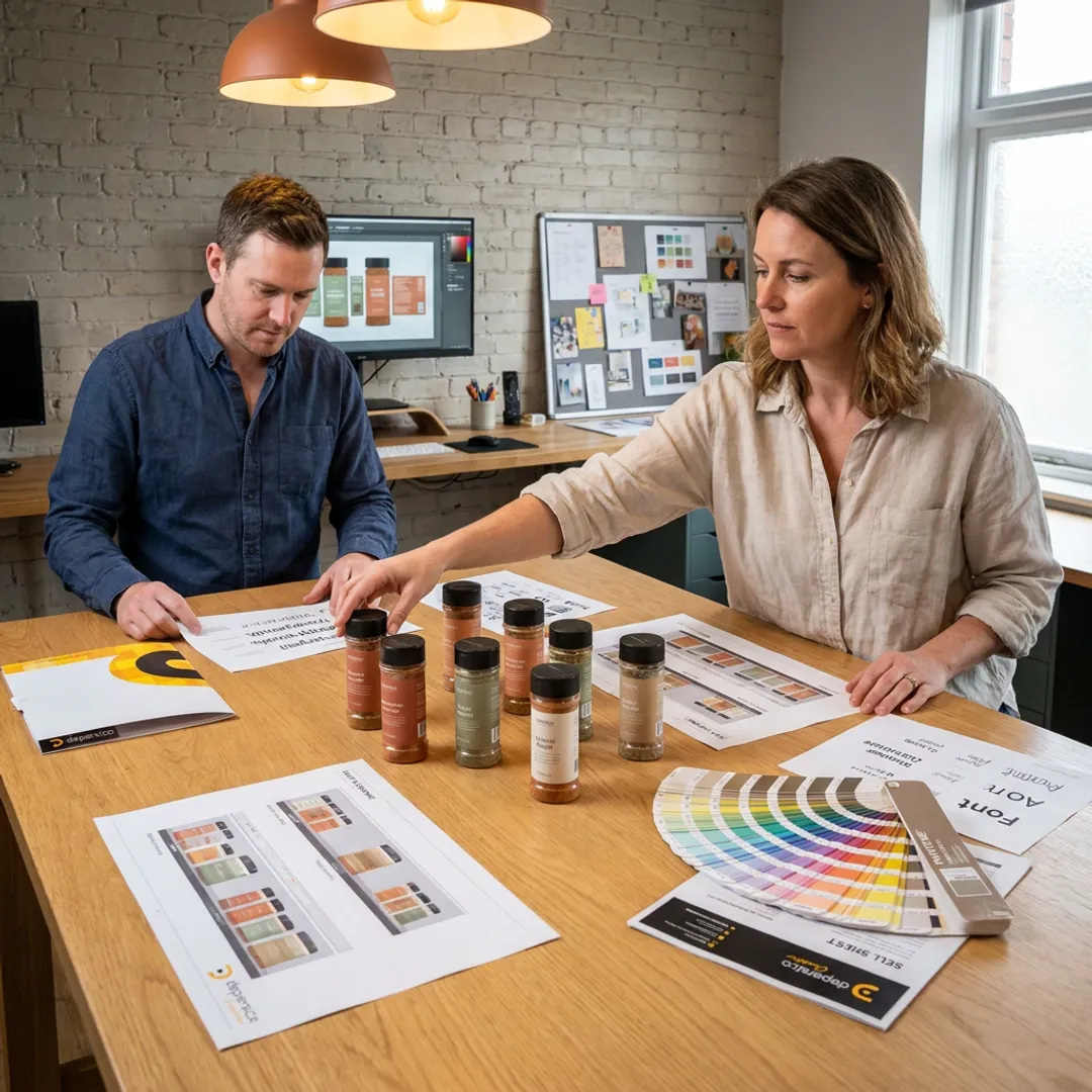 Designer reviewing spice package concepts