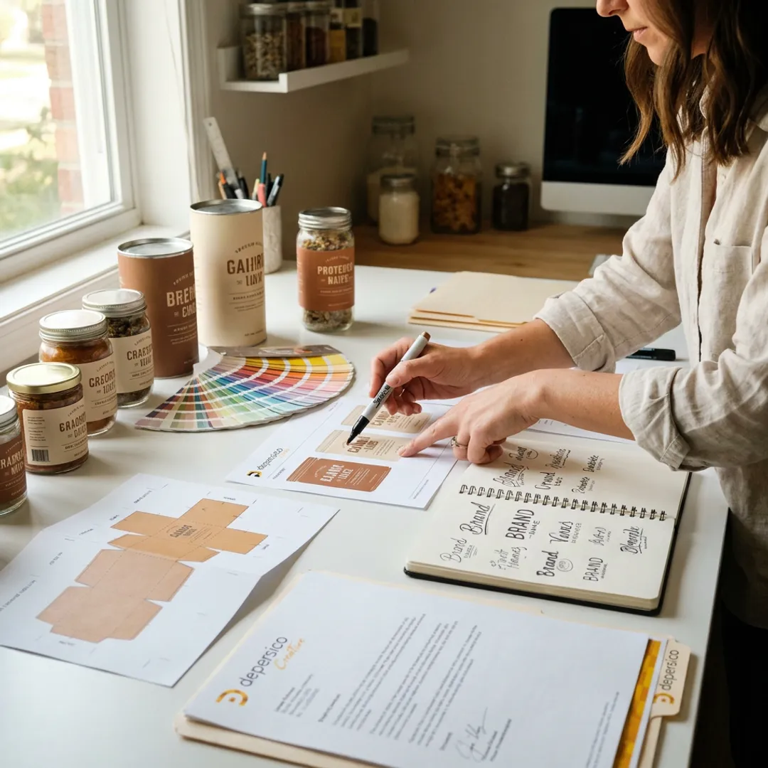 Designer reviewing custom food jar label concepts