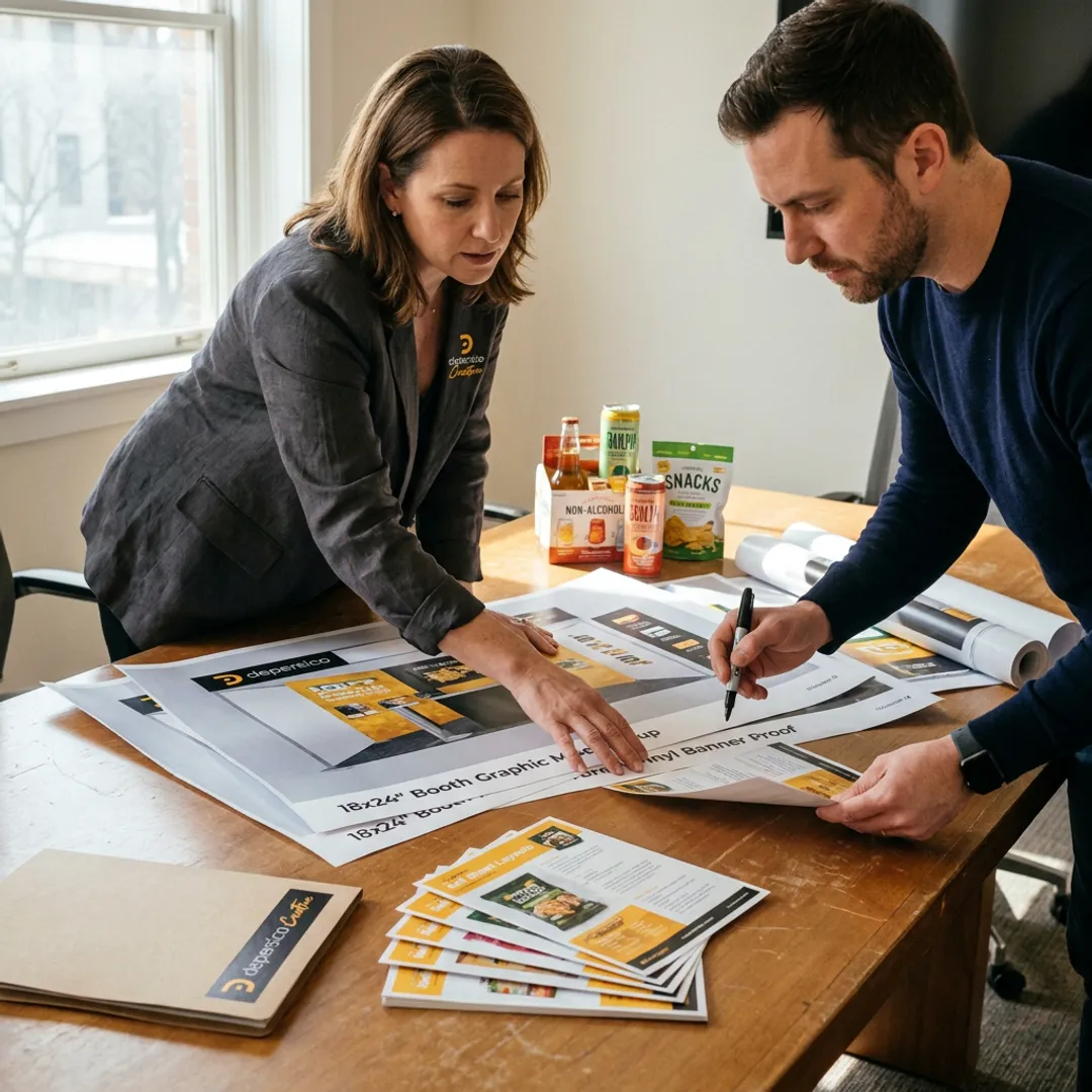 Designer reviewing food trade show booth graphics