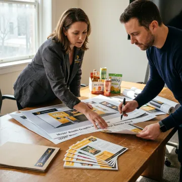 Designer reviewing food trade show booth graphics