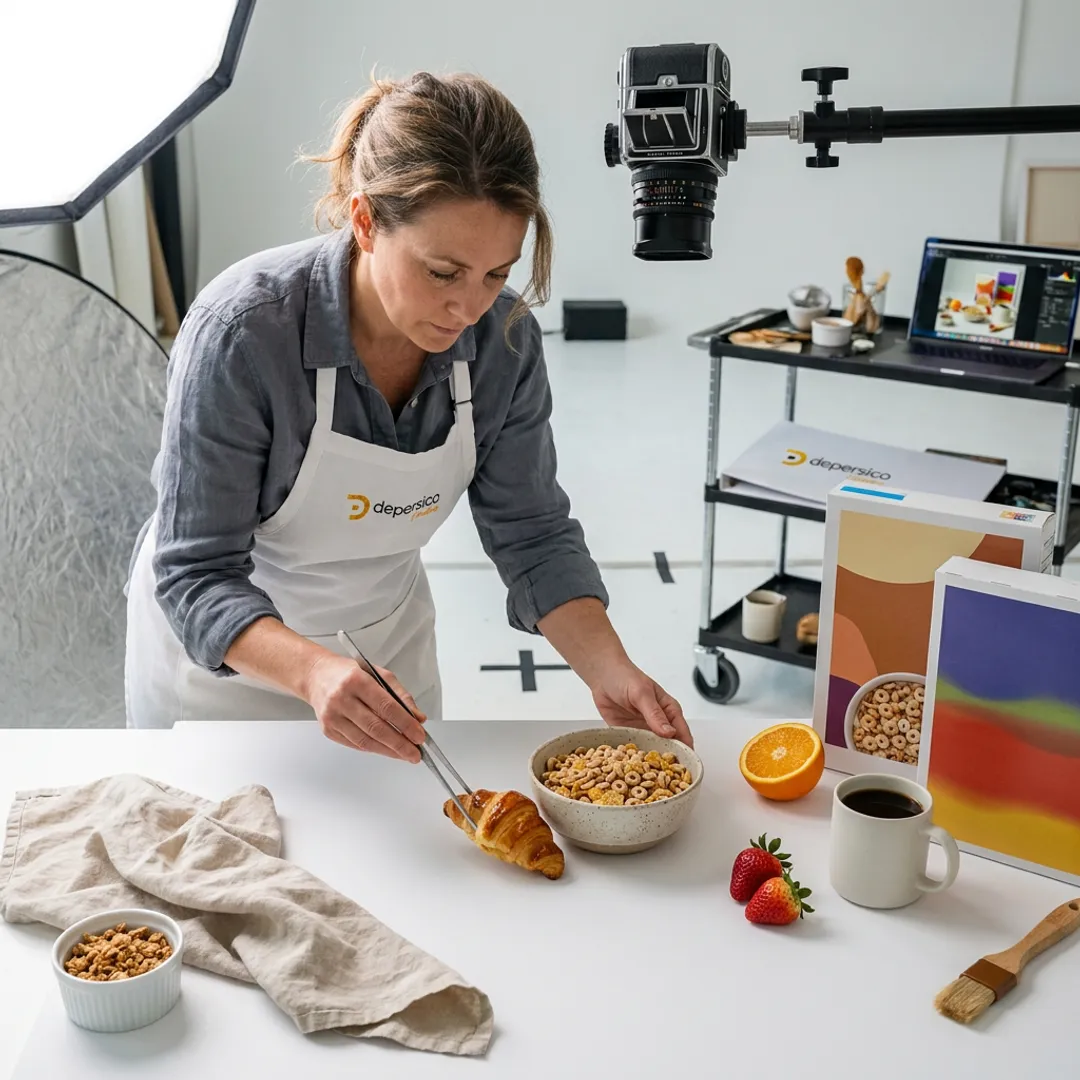 Food stylist arranging breakfast products for a CPG photo shoot