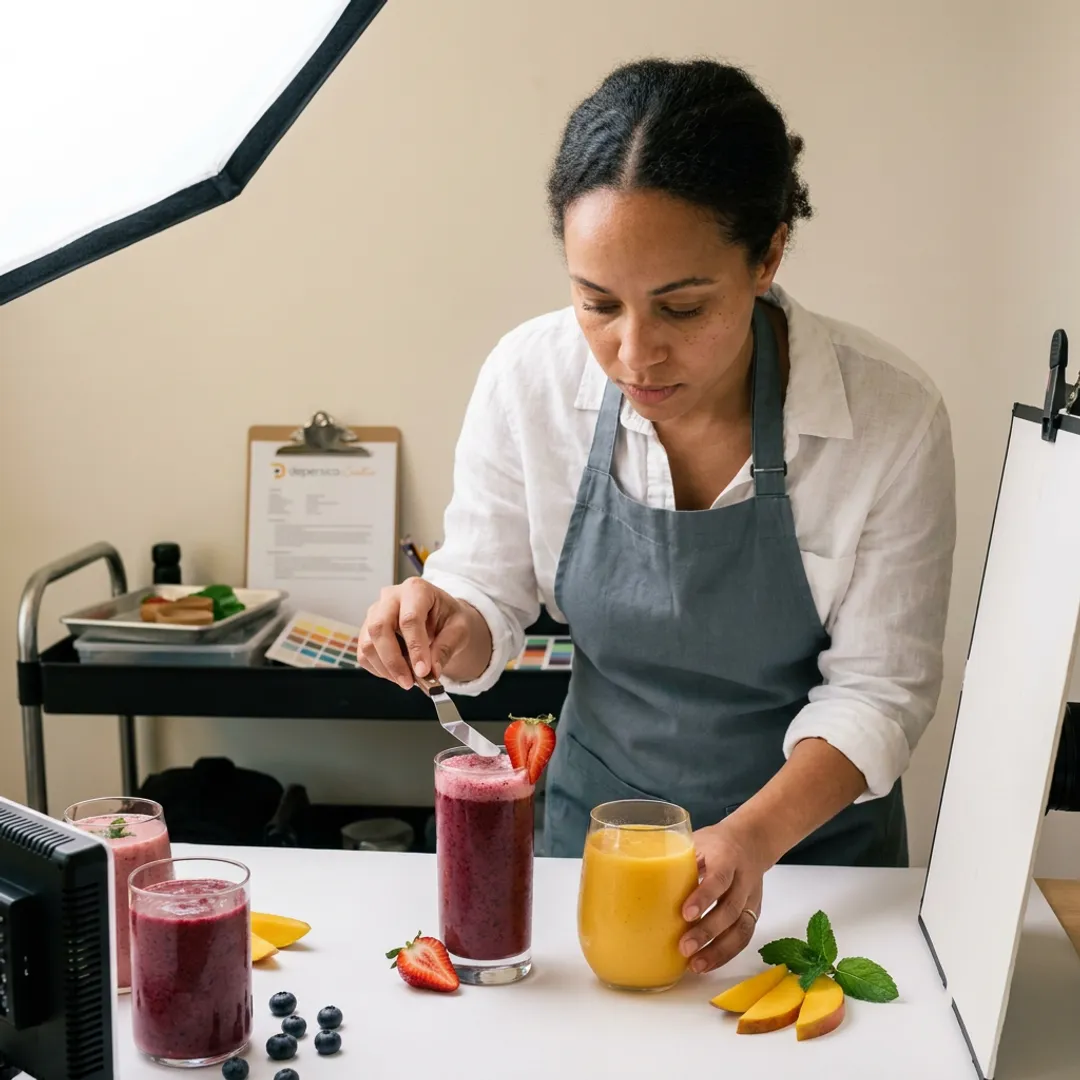 Food stylist preparing smoothie photography set