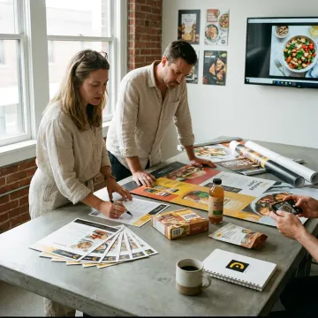 Design team reviewing food trade show booth graphics
