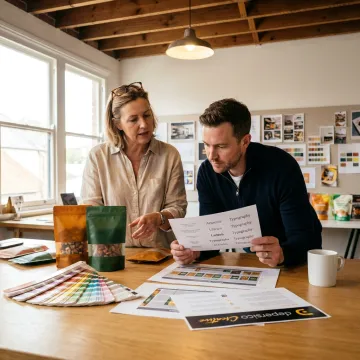 Designer reviewing dry fruit package concepts