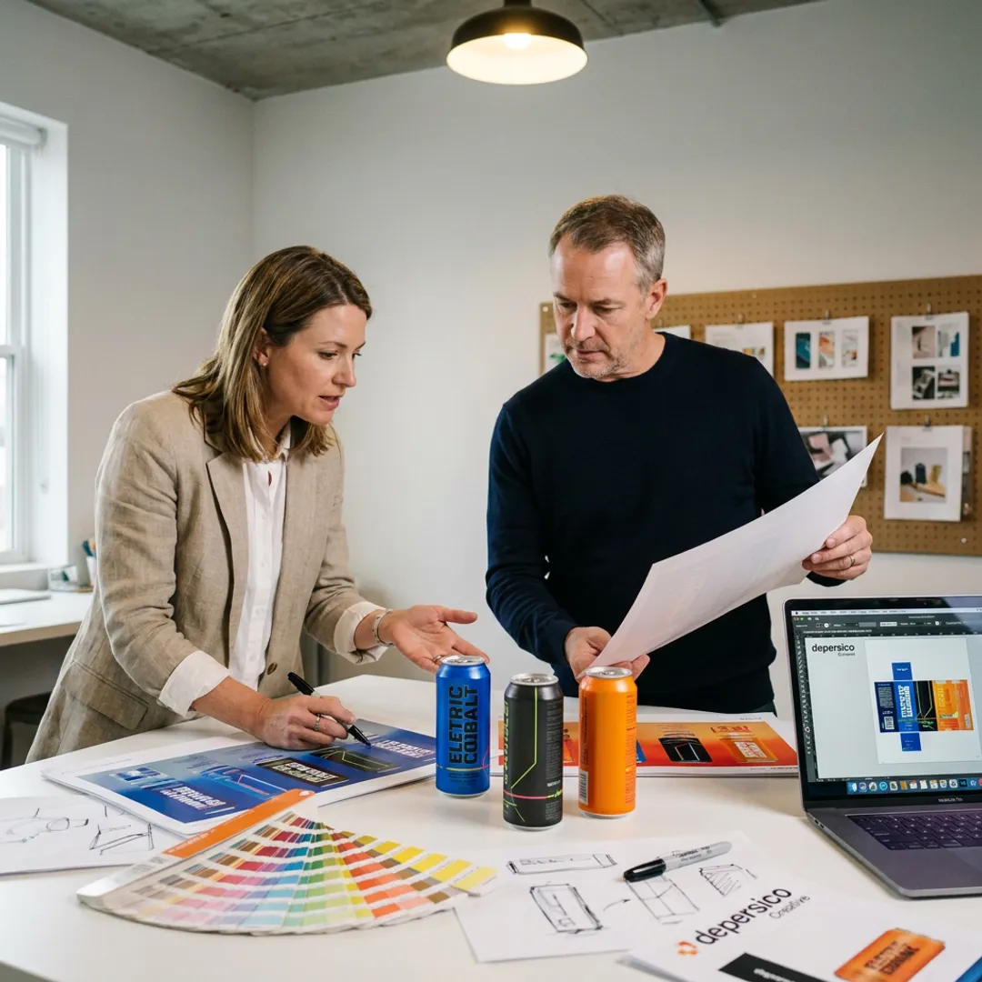 Designer reviewing energy drink can concepts