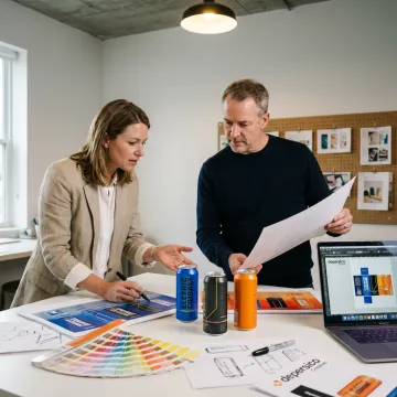 Designer reviewing energy drink can concepts