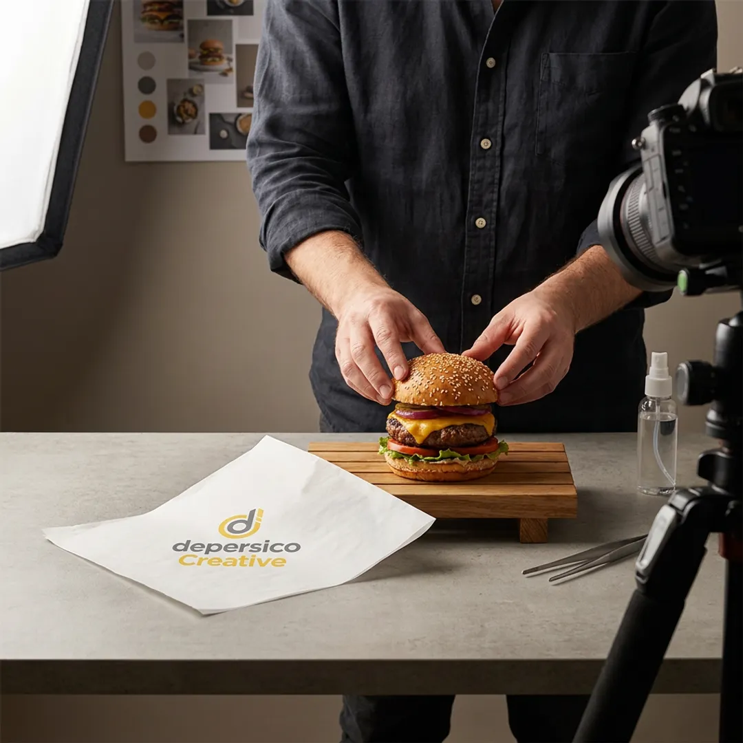 Food stylist preparing a hamburger for photography