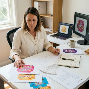 Designer reviewing candy box label concepts