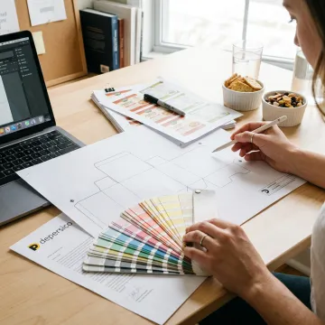Designer reviewing food booth tent graphics