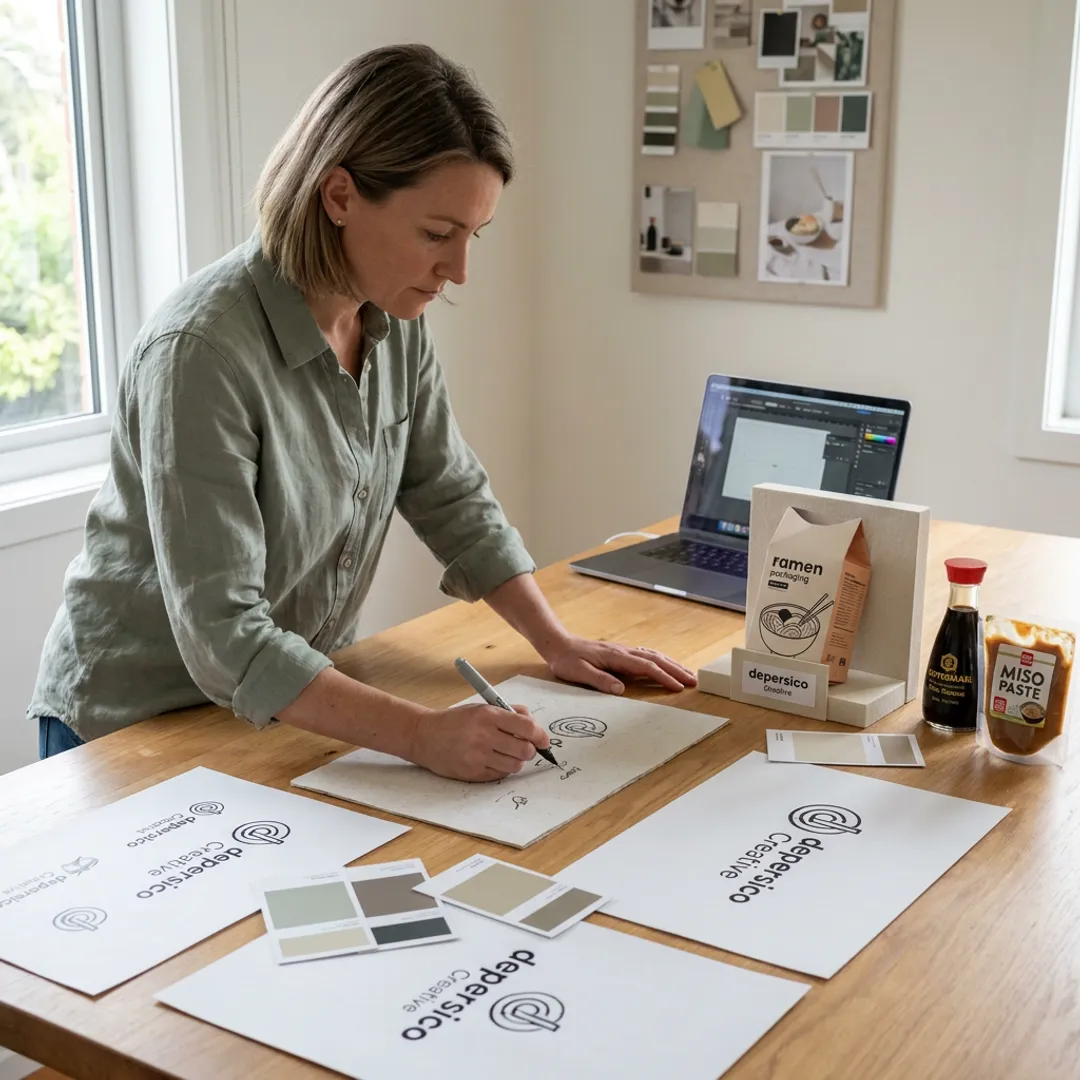 Designer reviewing food logo concepts