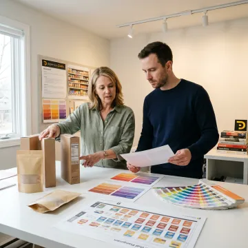 Design team reviewing food package concepts