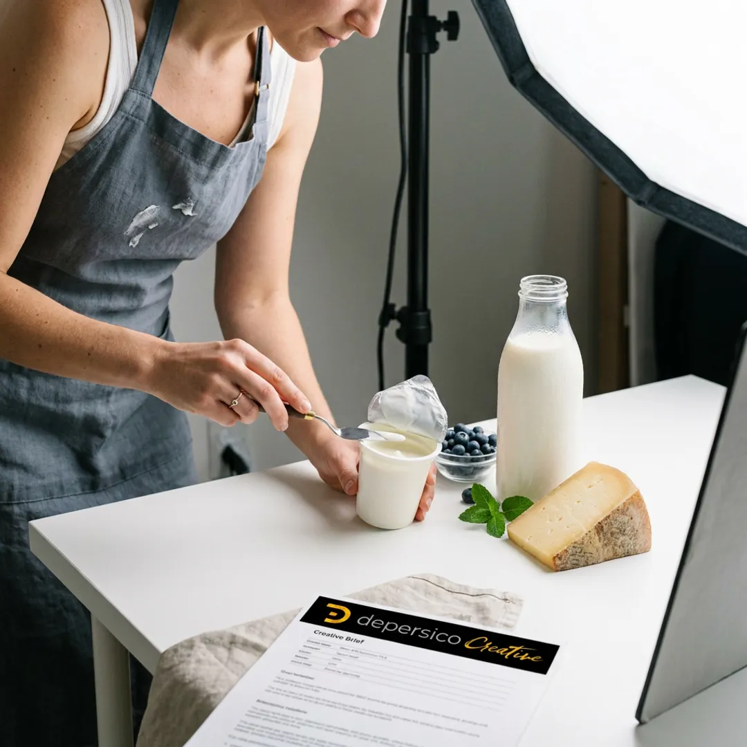 Food photographer styling dairy product for packaging shoot