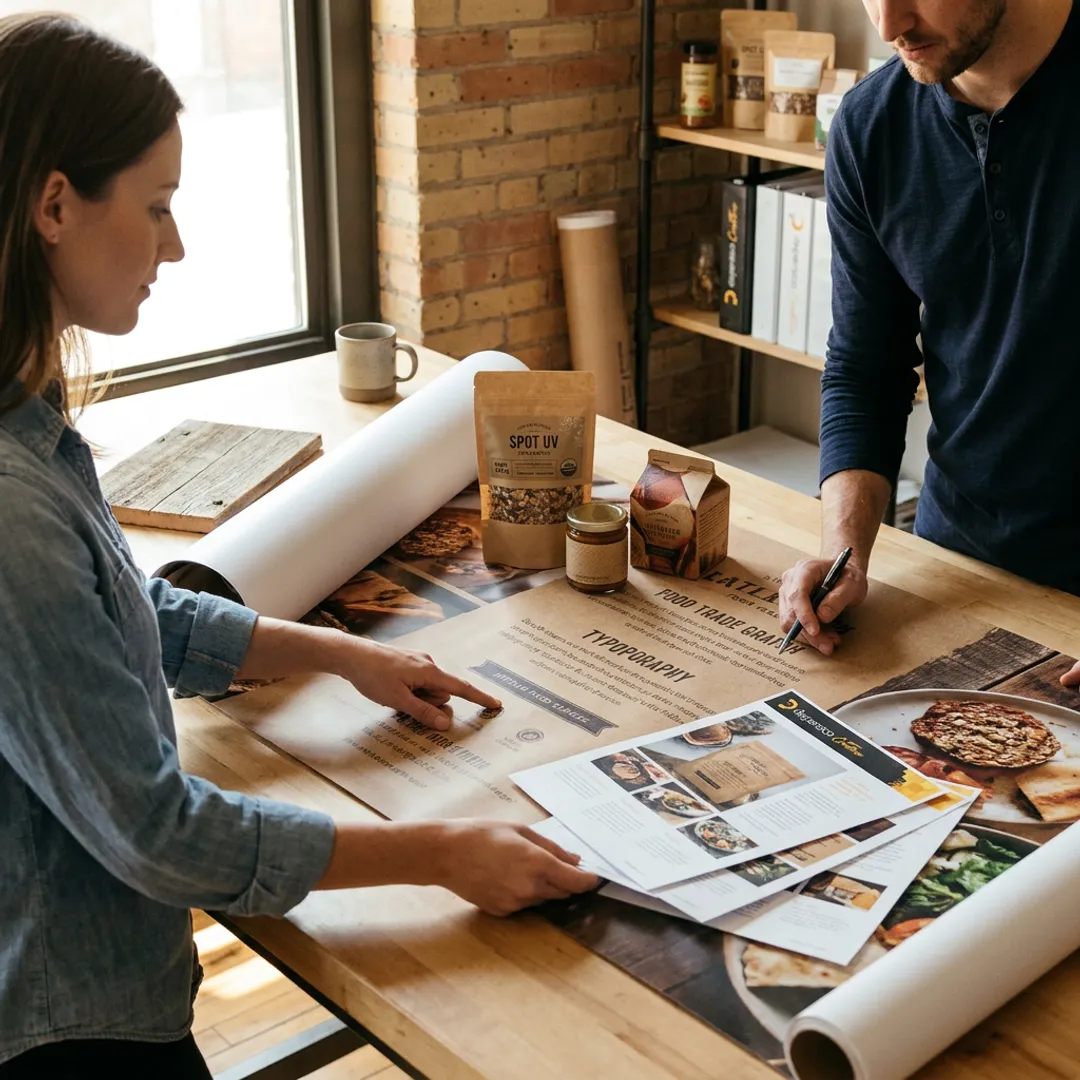 Design team planning rustic food trade show booth