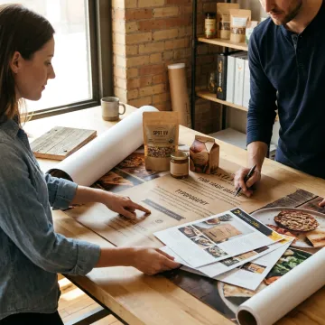 Design team planning rustic food trade show booth