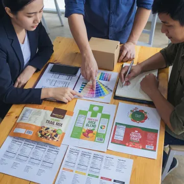 Designer reviewing food label concepts