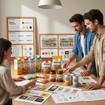 Food and beverage brand strategy team reviewing packaging concepts