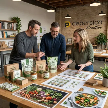 Creative team reviewing plant-based package designs