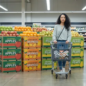 Branded corrugated fruit boxes on a produce display