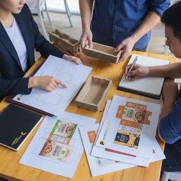 Designer reviewing branded secondary packaging dielines