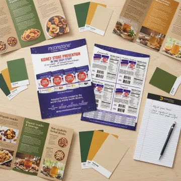 Organic product brochure templates on a design desk