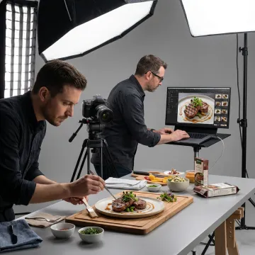 Food stylist preparing a studio photography setup