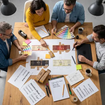 Designer reviewing vinegar bottle label concepts