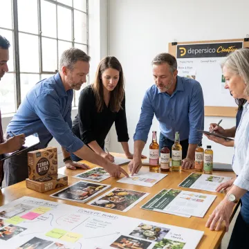 Creative team reviewing food brand packaging concepts