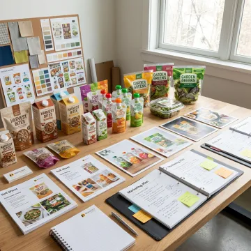 Food brand marketing materials on a creative studio table