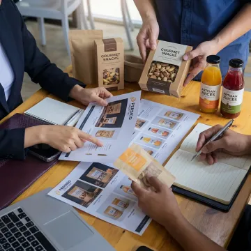 Retail CPG marketing team reviewing food packaging designs