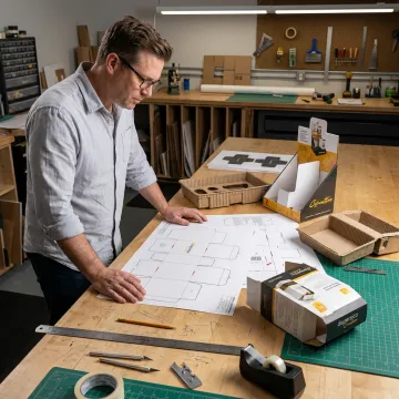Designer reviewing secondary packaging dielines