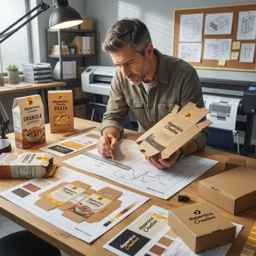 Packaging designer reviewing carton dielines