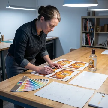 Designer reviewing syrup label proofs