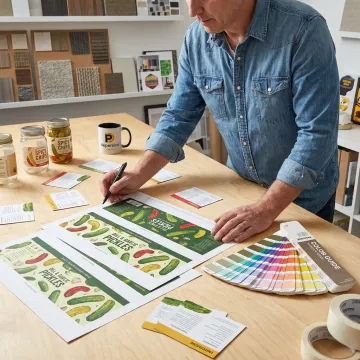 Designer reviewing pickle label proofs