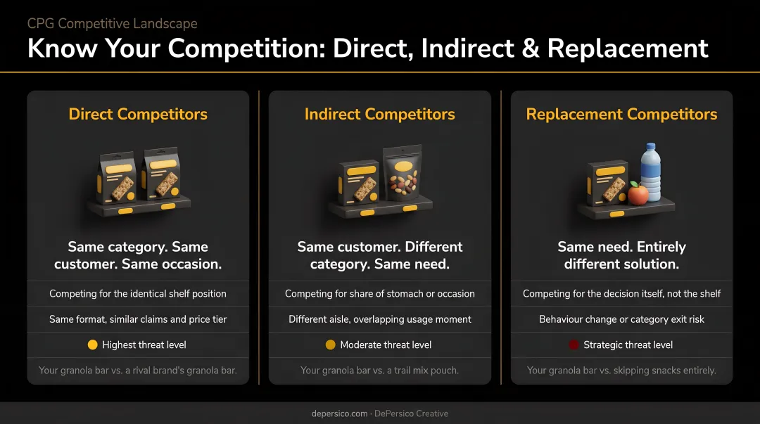 Three CPG competitor types direct indirect and replacement comparison infographic