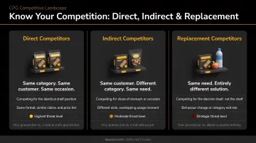 Three CPG competitor types direct indirect and replacement comparison infographic