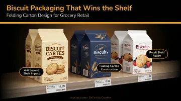 Biscuit folding carton boxes on grocery retail shelf with brand graphics