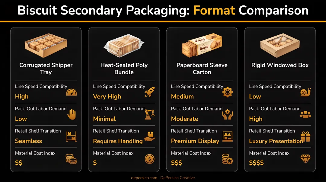 Biscuit secondary packaging format comparison across four operational production requirements