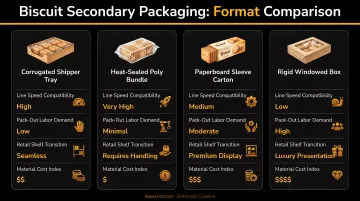 Biscuit secondary packaging format comparison across four operational production requirements