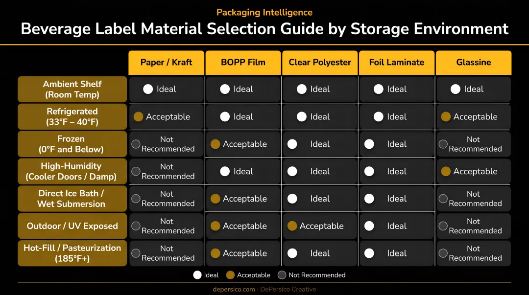 Beverage label material selection guide by storage environment comparison table
